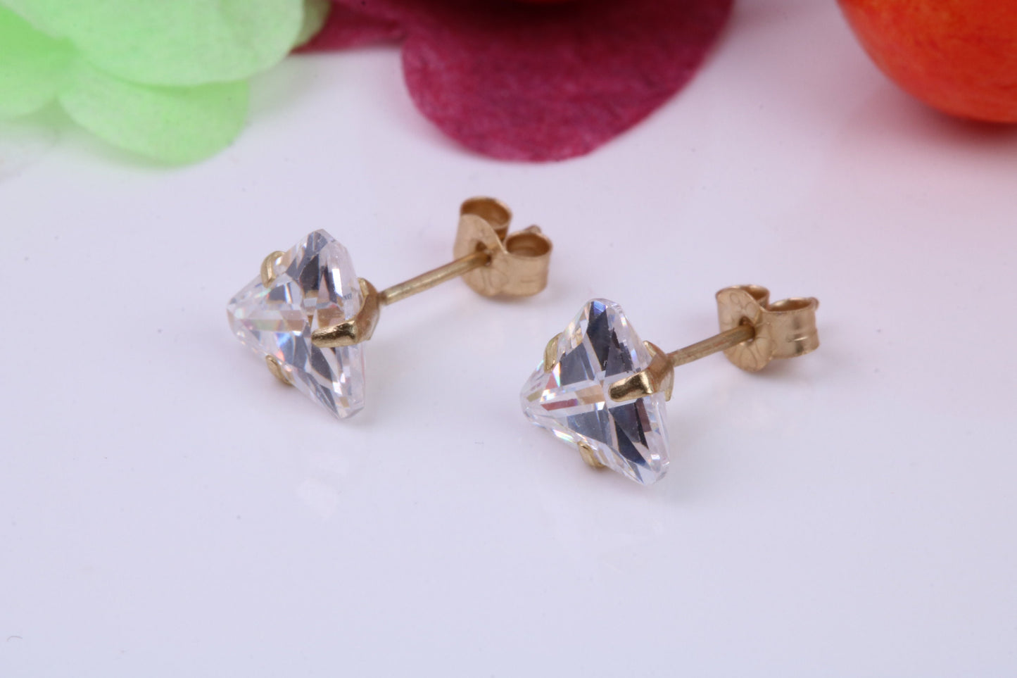 Trillion cut Cubic Zirconia set Stud Earrings, Measures 5 x 5 mm, Made from Solid 9ct Yellow Gold