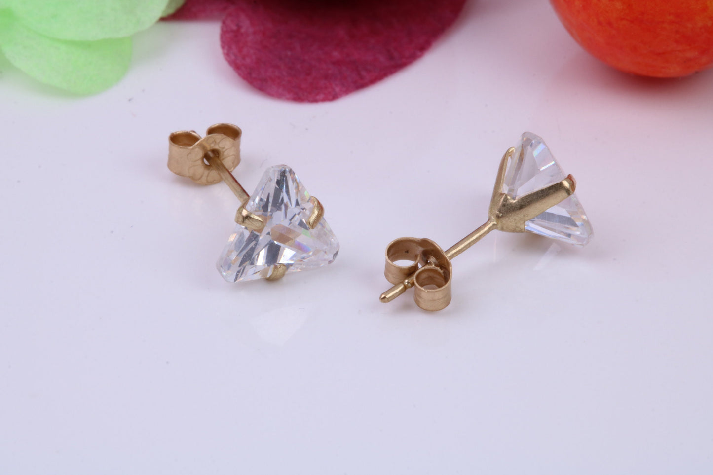 Trillion cut Cubic Zirconia set Stud Earrings, Measures 5 x 5 mm, Made from Solid 9ct Yellow Gold