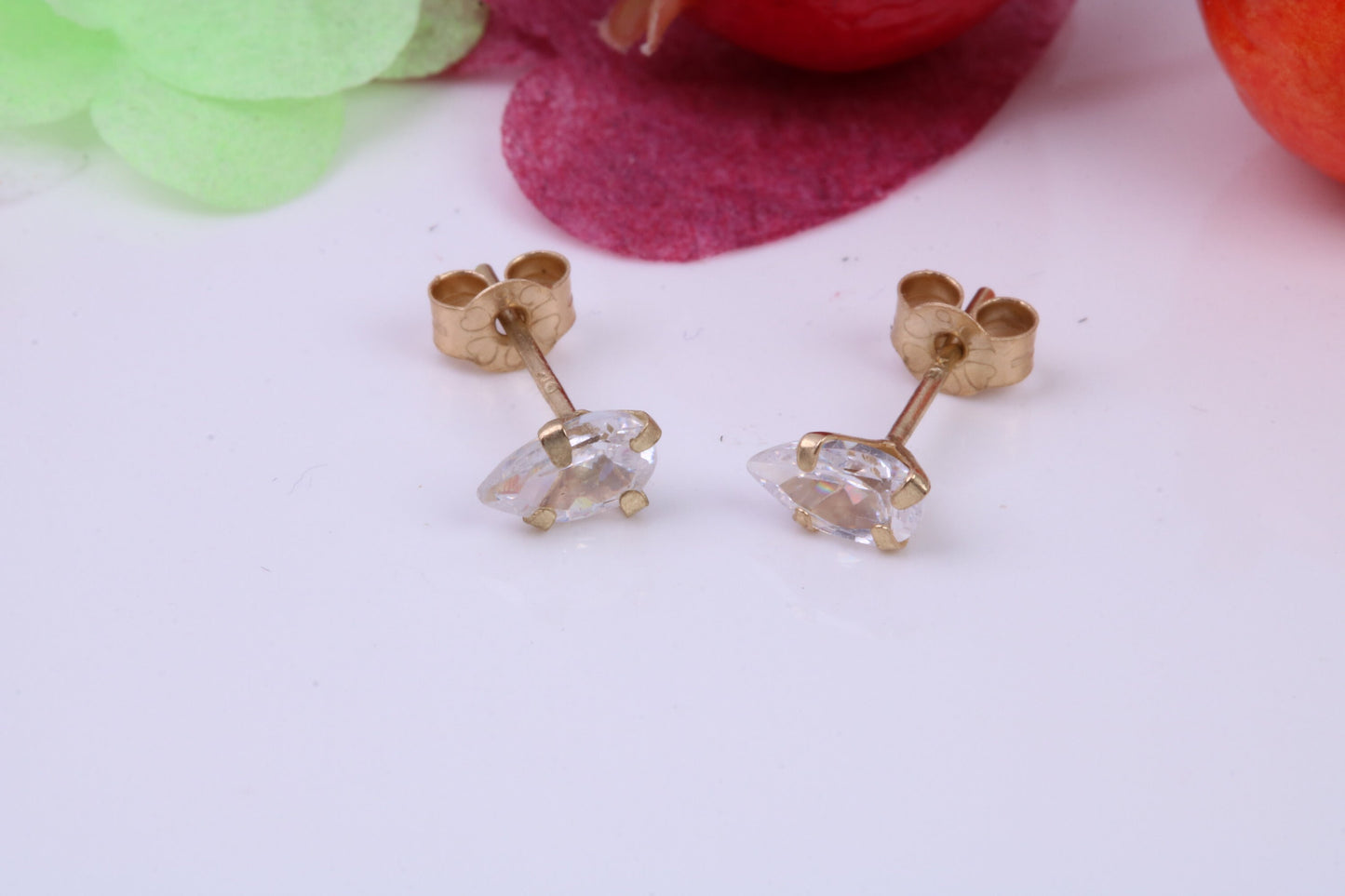 Small Pear Drop cut Cubic Zirconia set Stud Earrings, Measures 5 x 3 mm, Made from Solid 9ct Yellow Gold