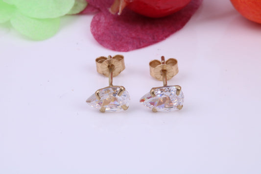 Pear Drop cut Cubic Zirconia set Stud Earrings, Measures 6 x 4 mm, Made from Solid 9ct Yellow Gold