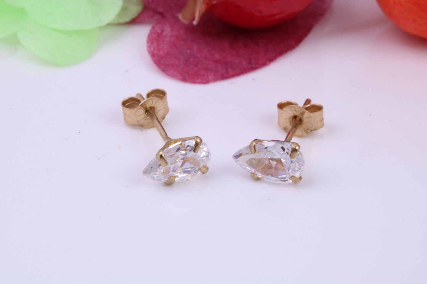 Pear Drop cut Cubic Zirconia set Stud Earrings, Measures 6 x 4 mm, Made from Solid 9ct Yellow Gold