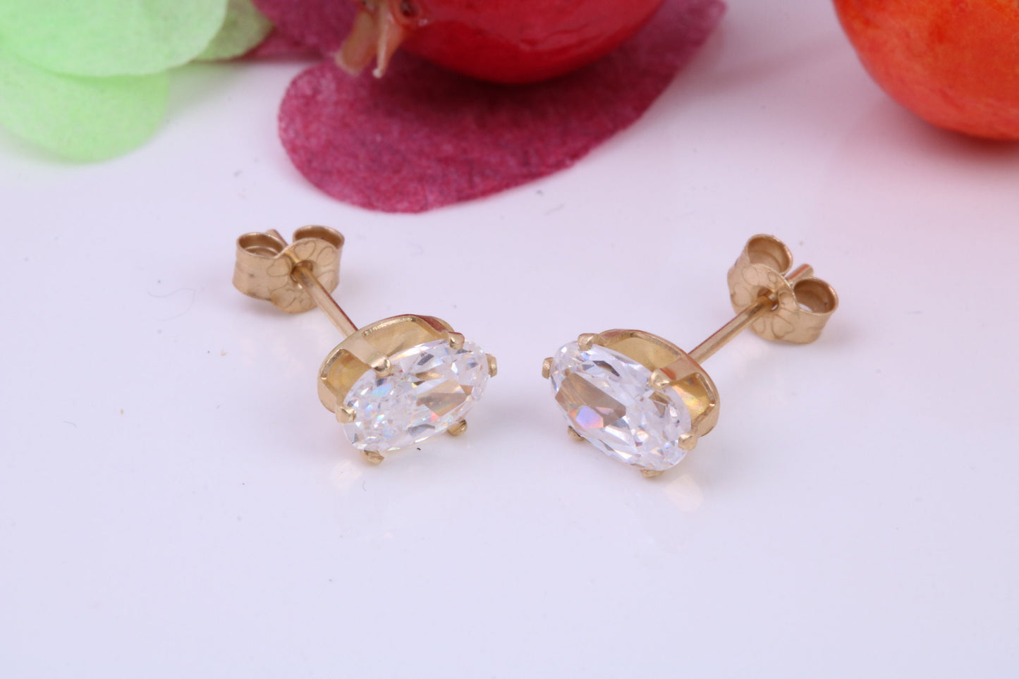 Basket set Oval cut Cubic Zirconia set Stud Earrings, Measures 6 x 4 mm, Made from Solid 9ct Yellow Gold