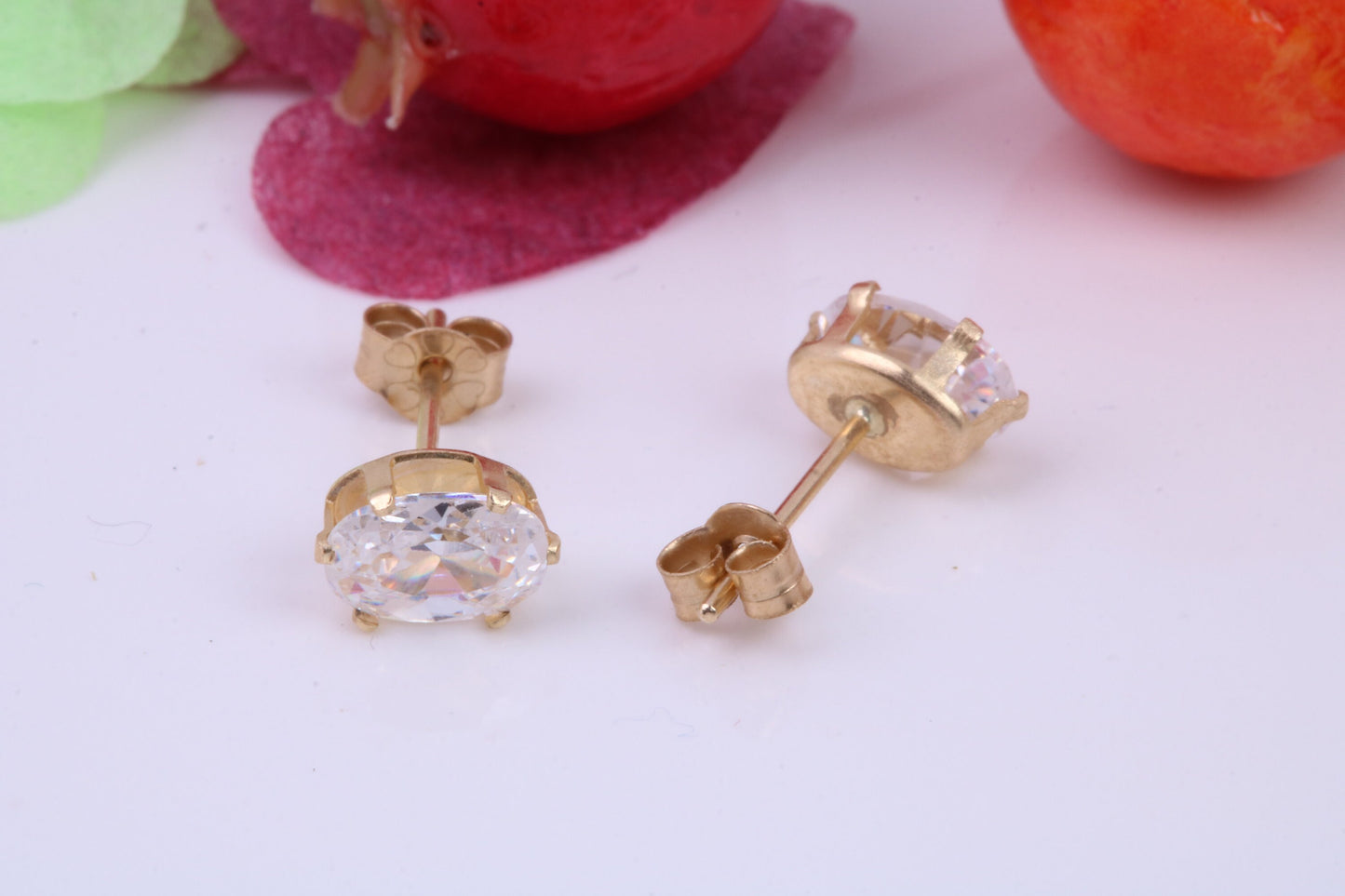 Basket set Oval cut Cubic Zirconia set Stud Earrings, Measures 6 x 4 mm, Made from Solid 9ct Yellow Gold