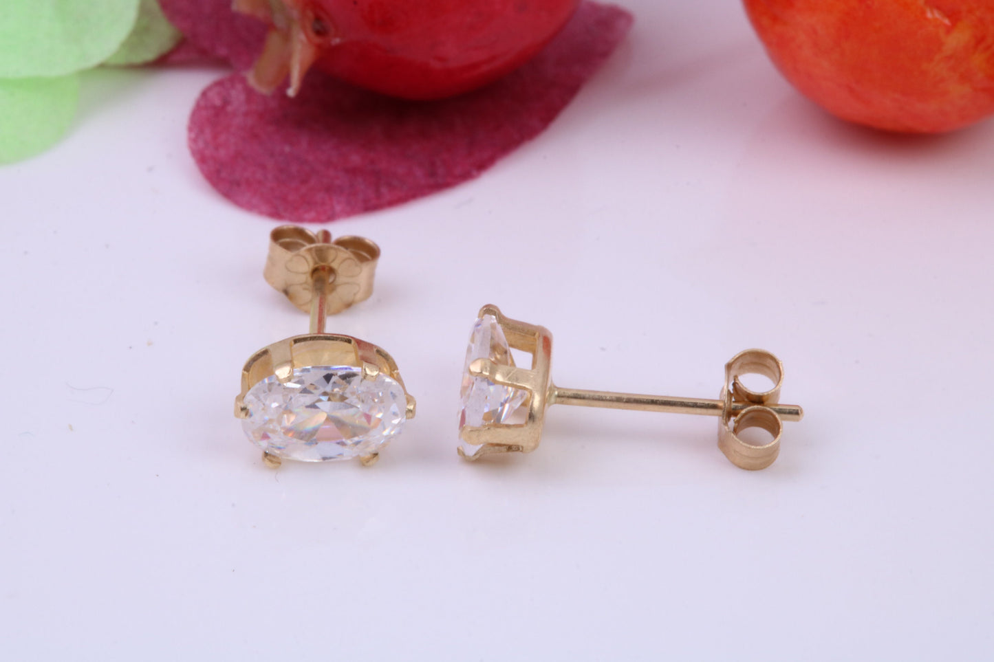 Basket set Oval cut Cubic Zirconia set Stud Earrings, Measures 6 x 4 mm, Made from Solid 9ct Yellow Gold