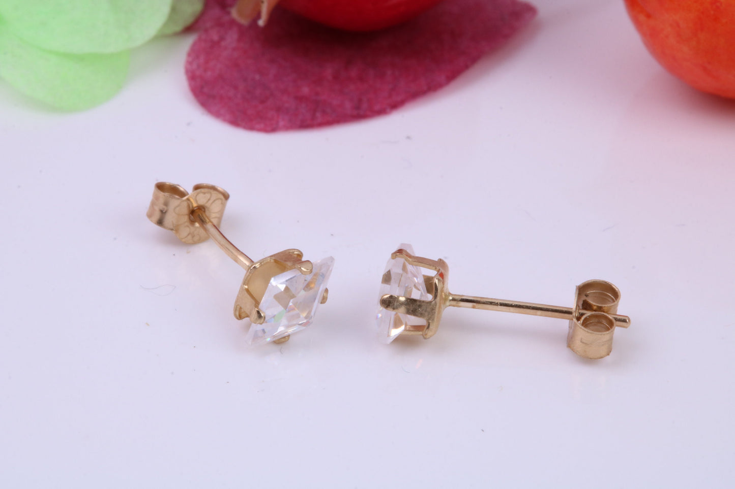 Diamond Shape cut Cubic Zirconia set Stud Earrings, Measures 6 x 4 mm, Made from Solid 9ct Yellow Gold
