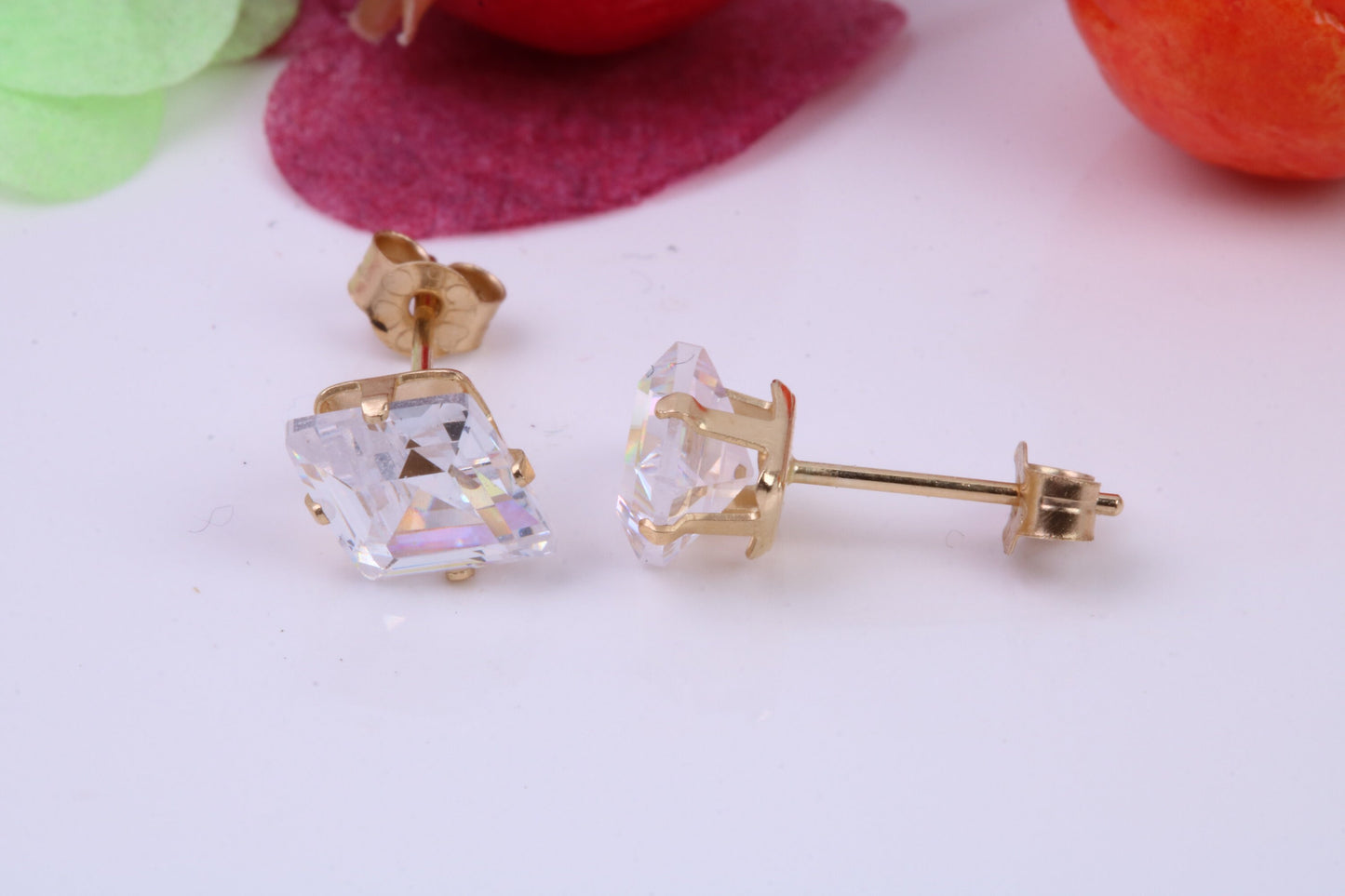 Diamond Shape cut Cubic Zirconia set Stud Earrings, Measures 8 x 6 mm, Made from Solid 9ct Yellow Gold