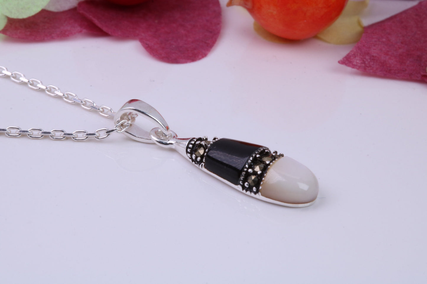 Black Onyx, Mother of Pearl and Marcasite set Necklace, made from solid Sterling Silver