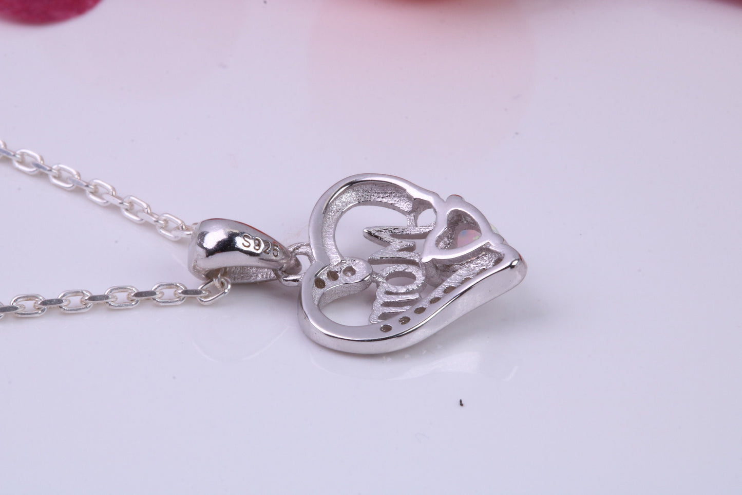Love Mom, White Opal and Cubic Zirconia set Necklace, made from solid Sterling Silver