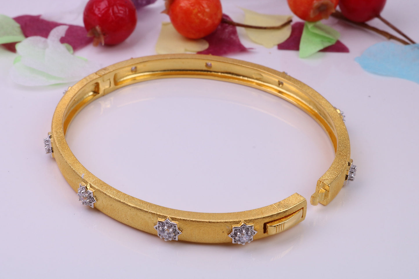 Hinged Bangle set with Diamond White Cubic Zirconia, Made from solid Sterling Silver, 18ct Yellow Gold Plated, Matt Finished