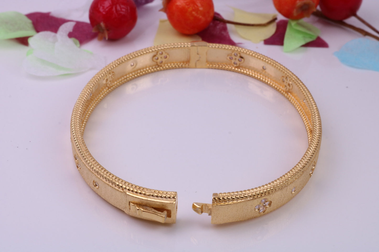 Hinged Bangle set with Diamond White Cubic Zirconia, Made from solid Sterling Silver, 18ct Yellow Gold Plated, Matt Finished