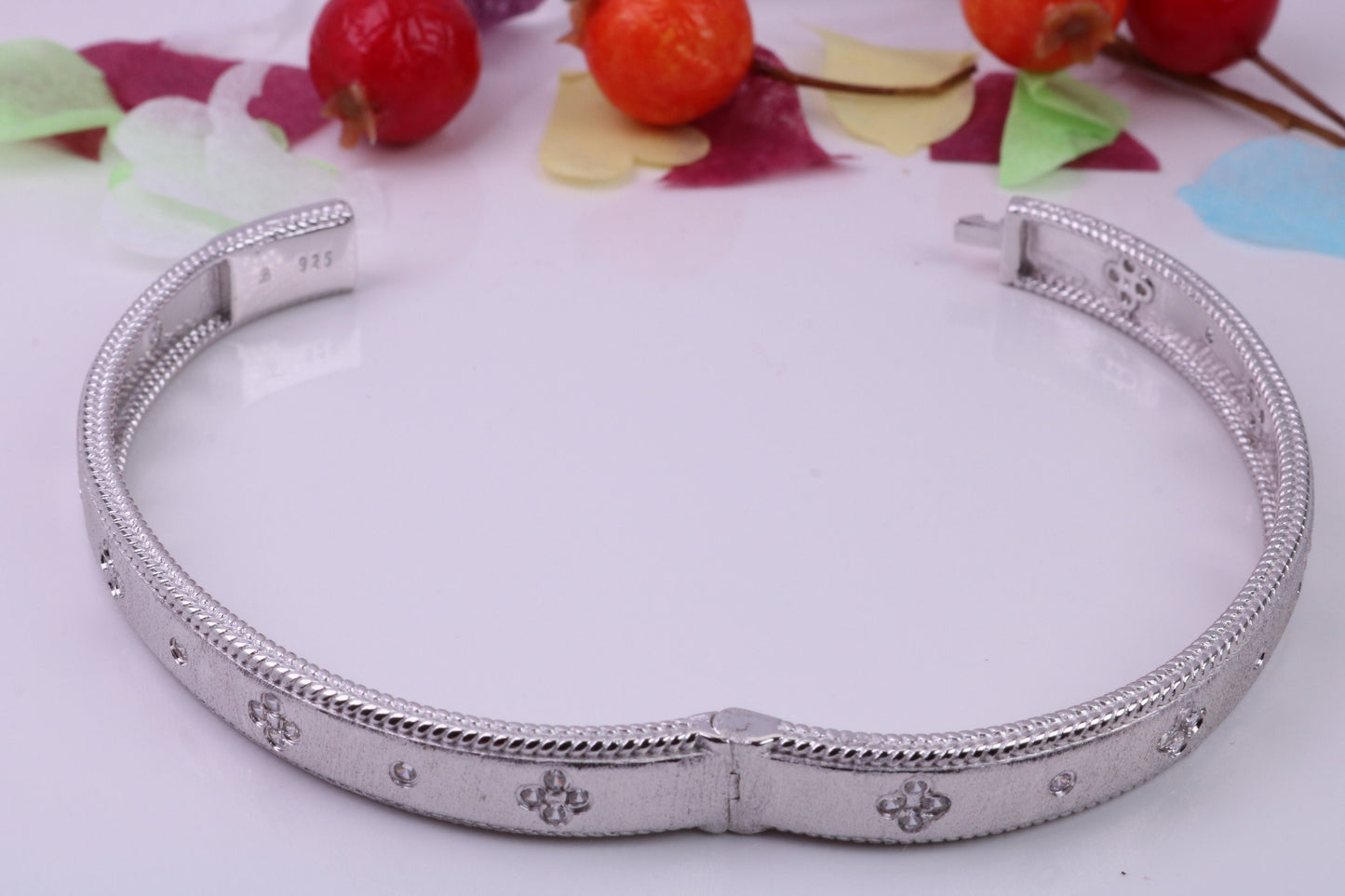 Hinged Bangle set with Diamond White Cubic Zirconia, Made from solid Sterling Silver, Rhodium Plated, Matt Finished