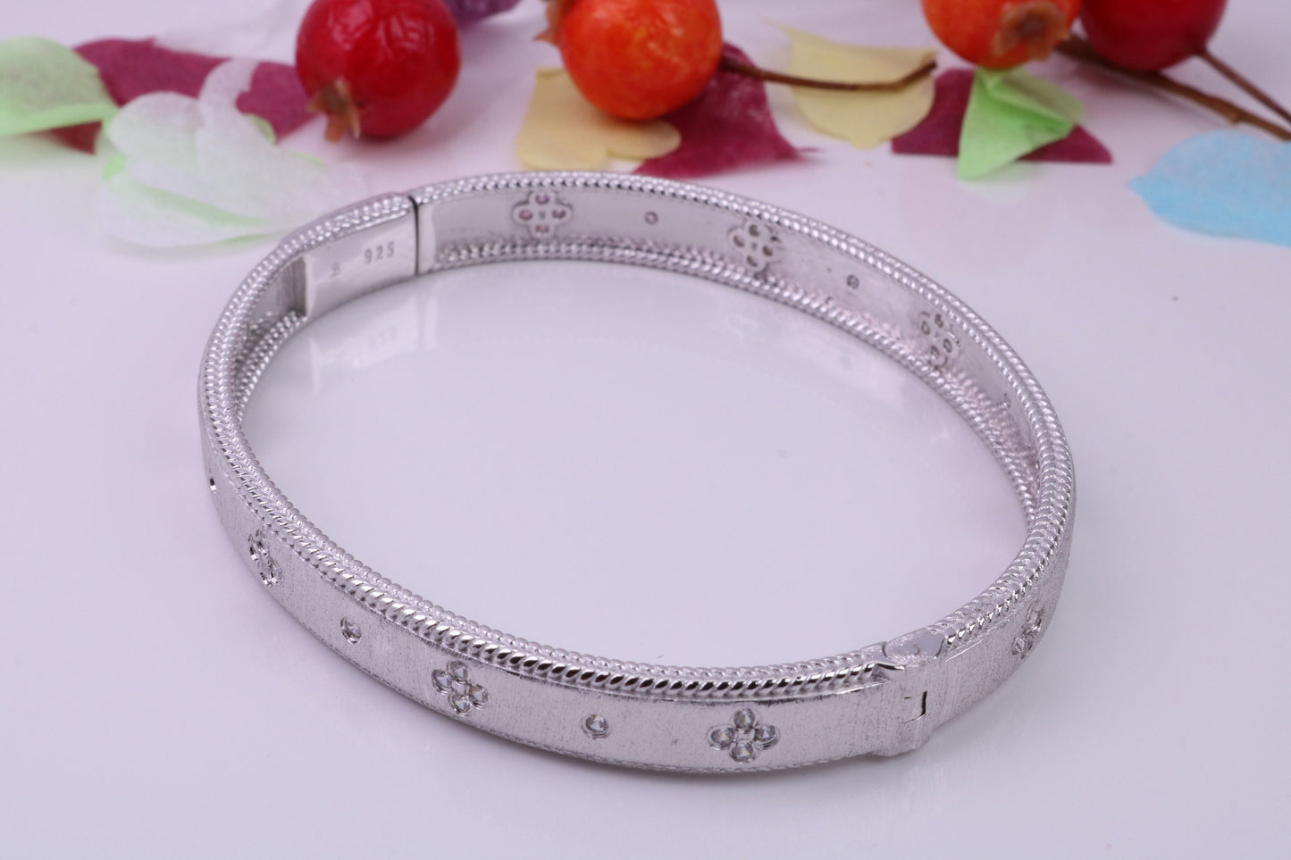 Hinged Bangle set with Diamond White Cubic Zirconia, Made from solid Sterling Silver, Rhodium Plated, Matt Finished