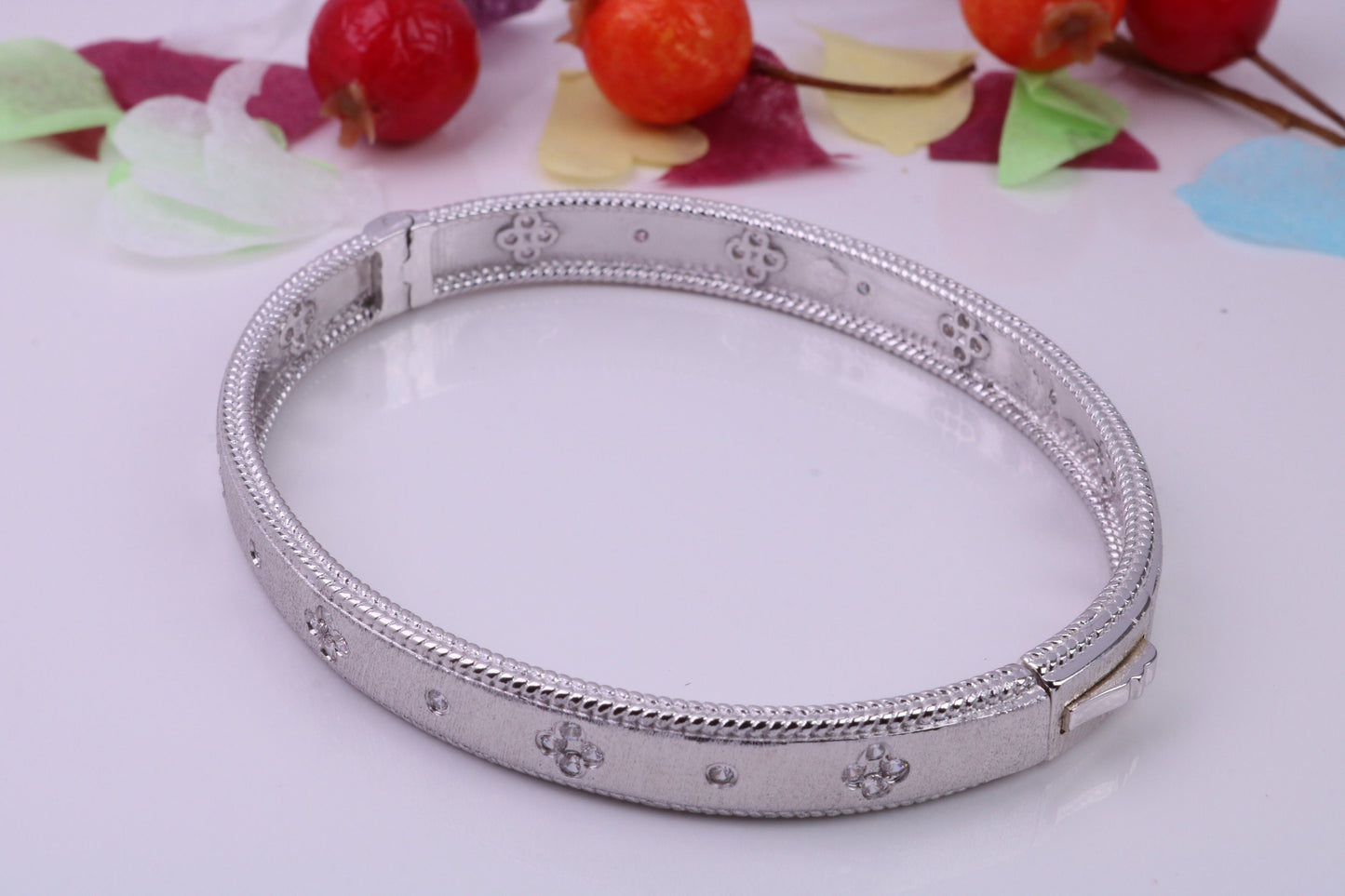 Hinged Bangle set with Diamond White Cubic Zirconia, Made from solid Sterling Silver, Rhodium Plated, Matt Finished