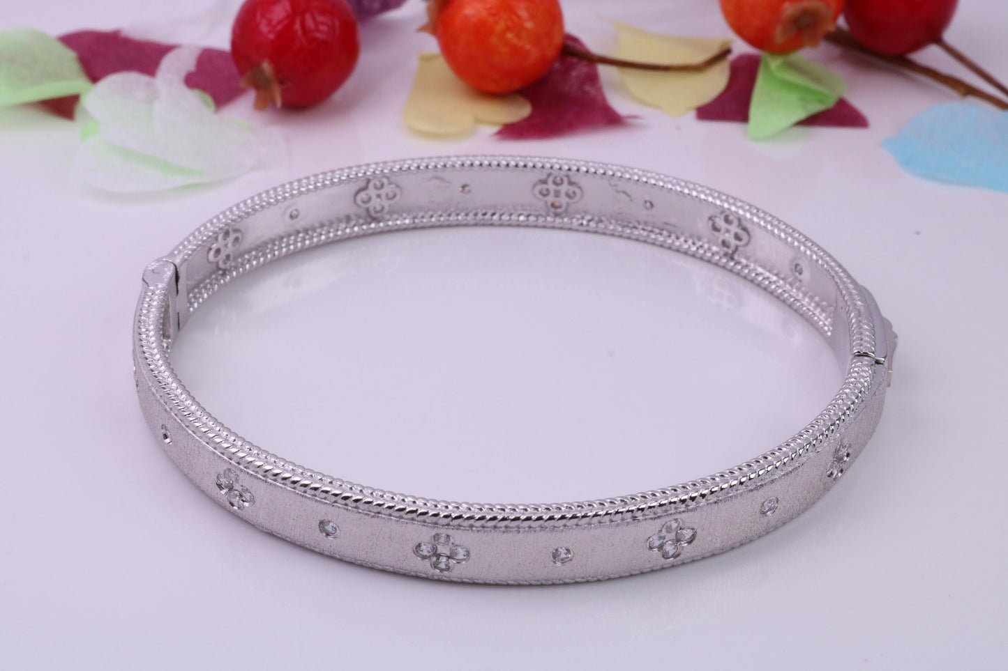 Hinged Bangle set with Diamond White Cubic Zirconia, Made from solid Sterling Silver, Rhodium Plated, Matt Finished