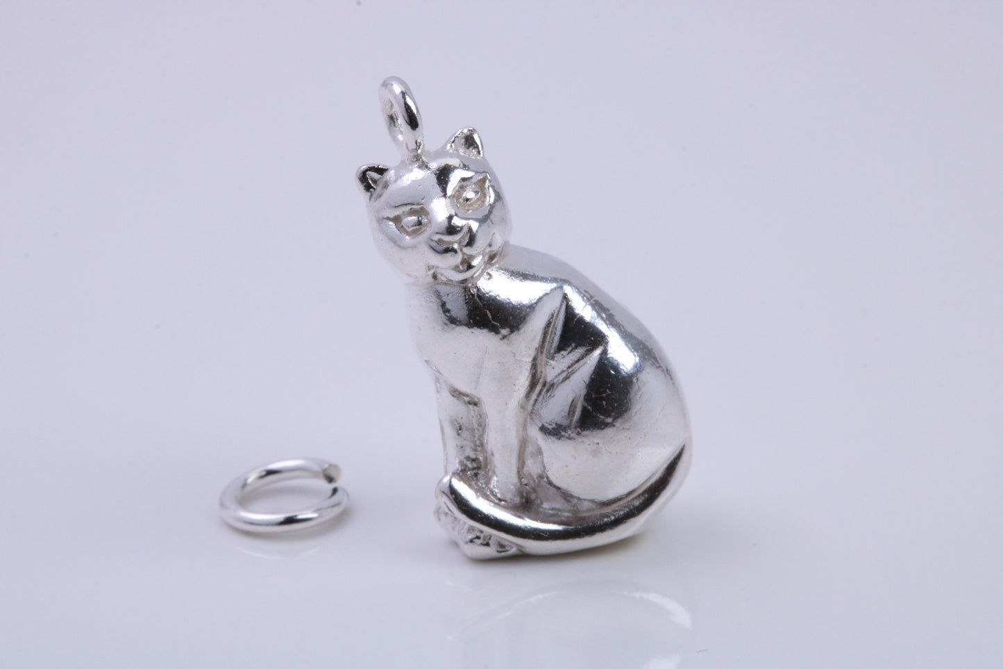 Large Sitting Cat Charm, Traditional Charm, Made from Solid 925 Grade Sterling Silver, Complete with Attachment Link