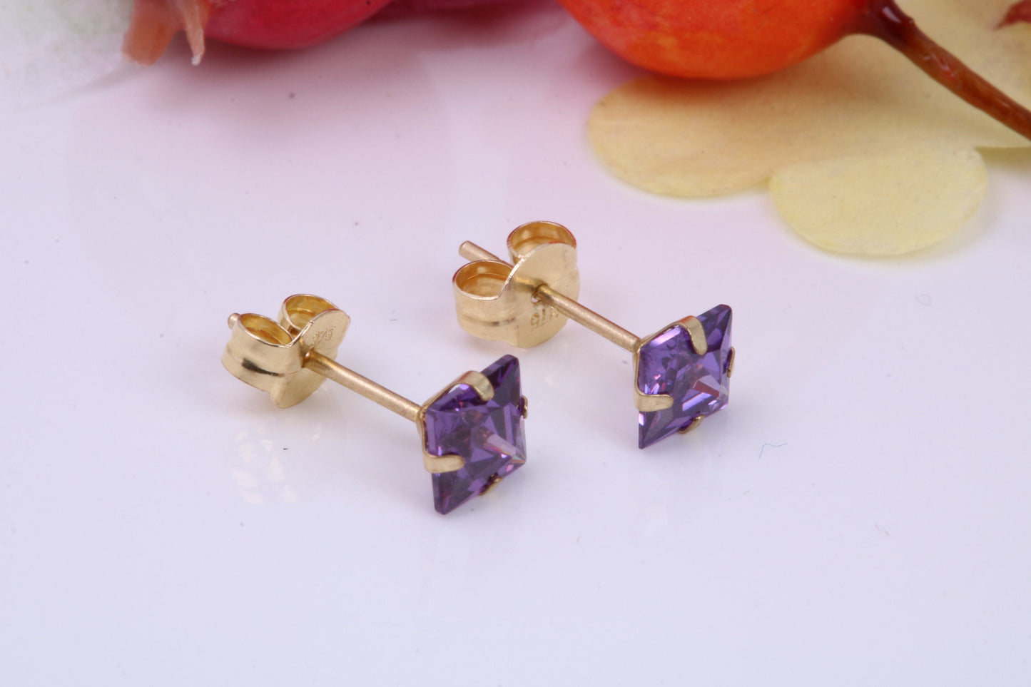 February Amethyst Cubic Zirconia set Birthstone Stud Earrings, Made from Solid 9ct Yellow Gold, Choice of Two Sizes