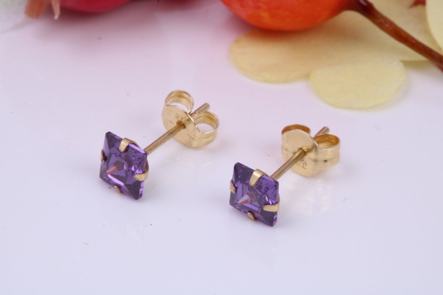 February Amethyst Cubic Zirconia set Birthstone Stud Earrings, Made from Solid 9ct Yellow Gold, Choice of Two Sizes