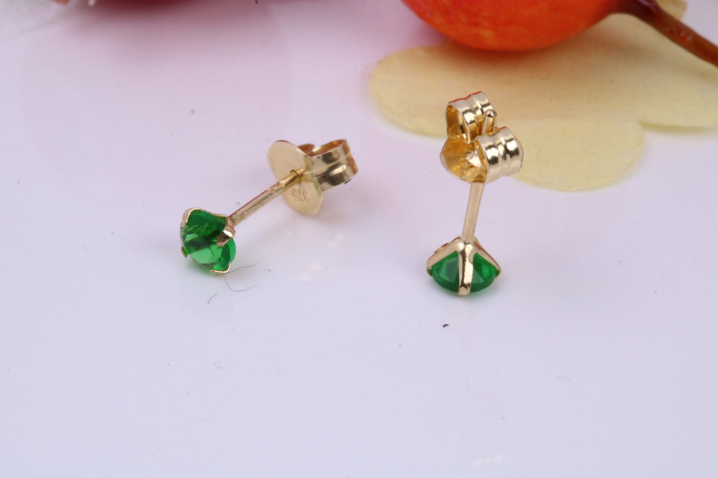 May Emerald Cubic Zirconia set Birthstone Stud Earrings, Made from Solid 9ct Yellow Gold, Choice of Two Sizes
