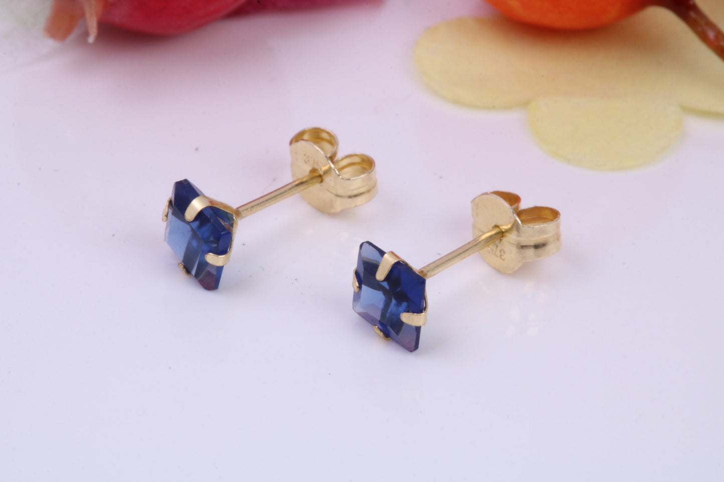 September Blue Sapphire Cubic Zirconia set Birthstone Stud Earrings, Made from Solid 9ct Yellow Gold, Choice of Two Sizes