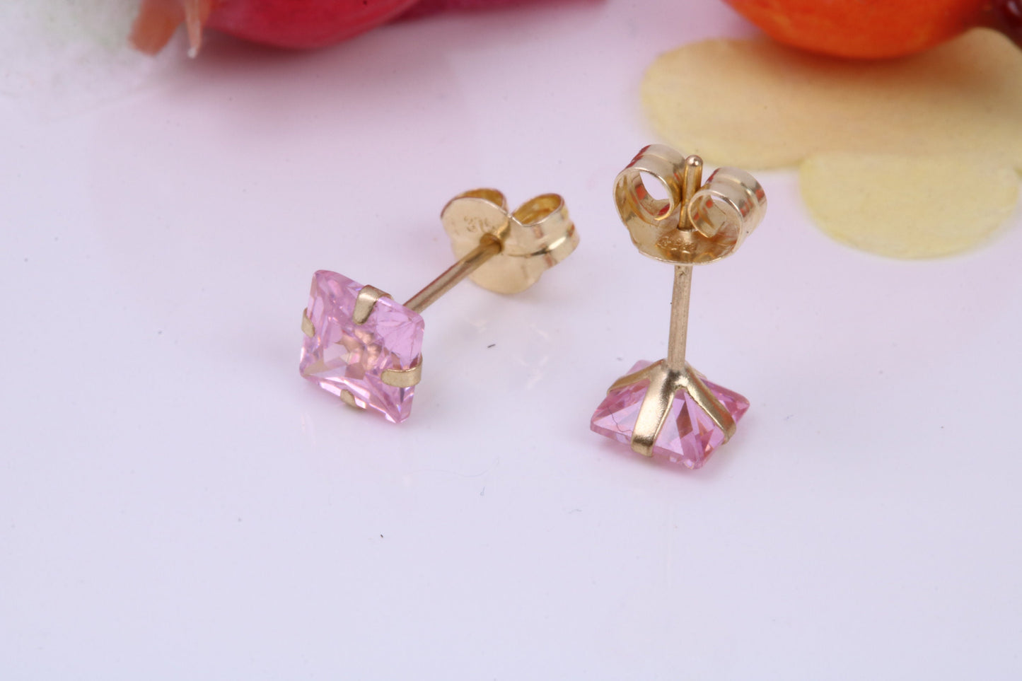 October Pink Rose Cubic Zirconia set Birthstone Stud Earrings, Made from Solid 9ct Yellow Gold, Choice of Two Sizes