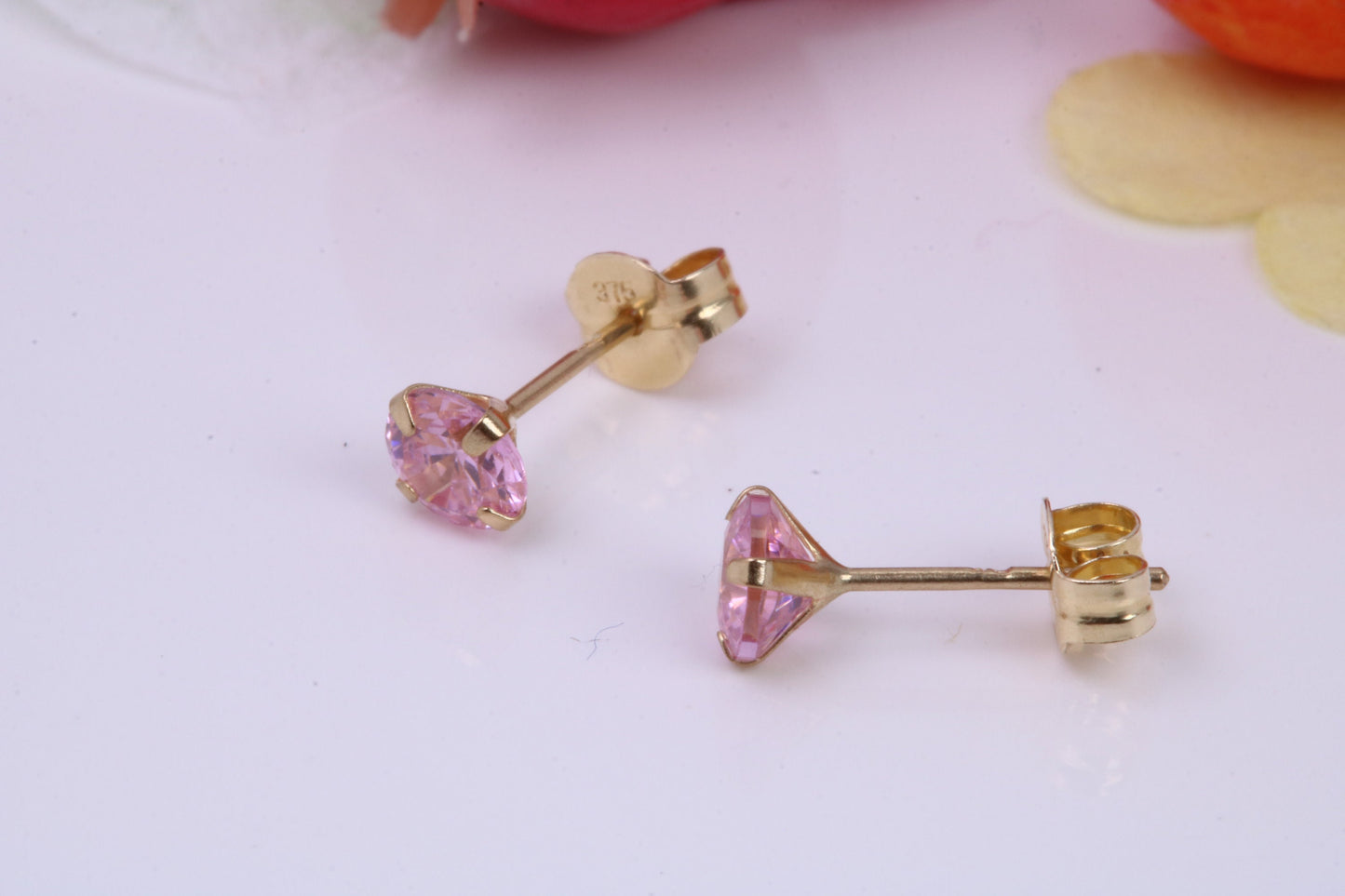 October Pink Rose Cubic Zirconia set Birthstone Stud Earrings, Made from Solid 9ct Yellow Gold, Choice of Two Sizes