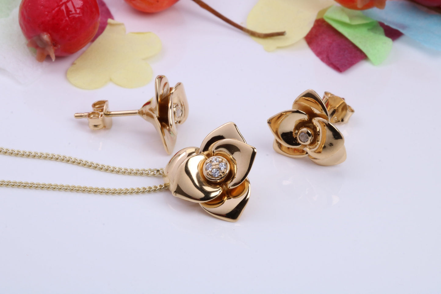 Flower Cubic Zirconia set Necklace and Earrings, Made from solid Sterling Silver, 18ct Yellow Gold Plated