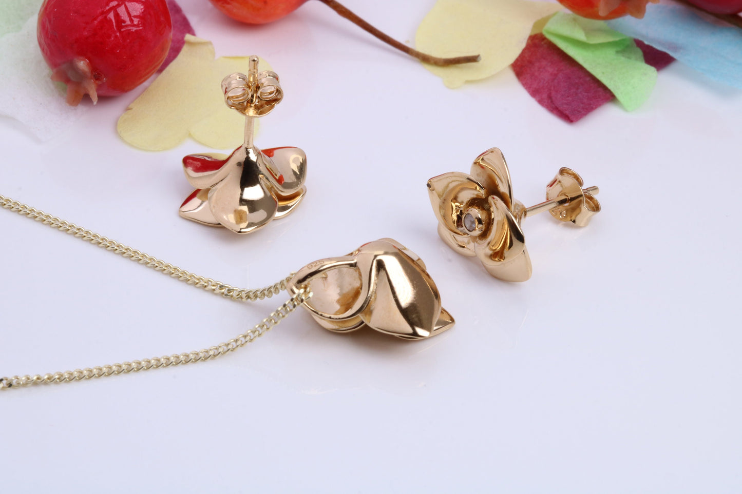 Flower Cubic Zirconia set Necklace and Earrings, Made from solid Sterling Silver, 18ct Yellow Gold Plated