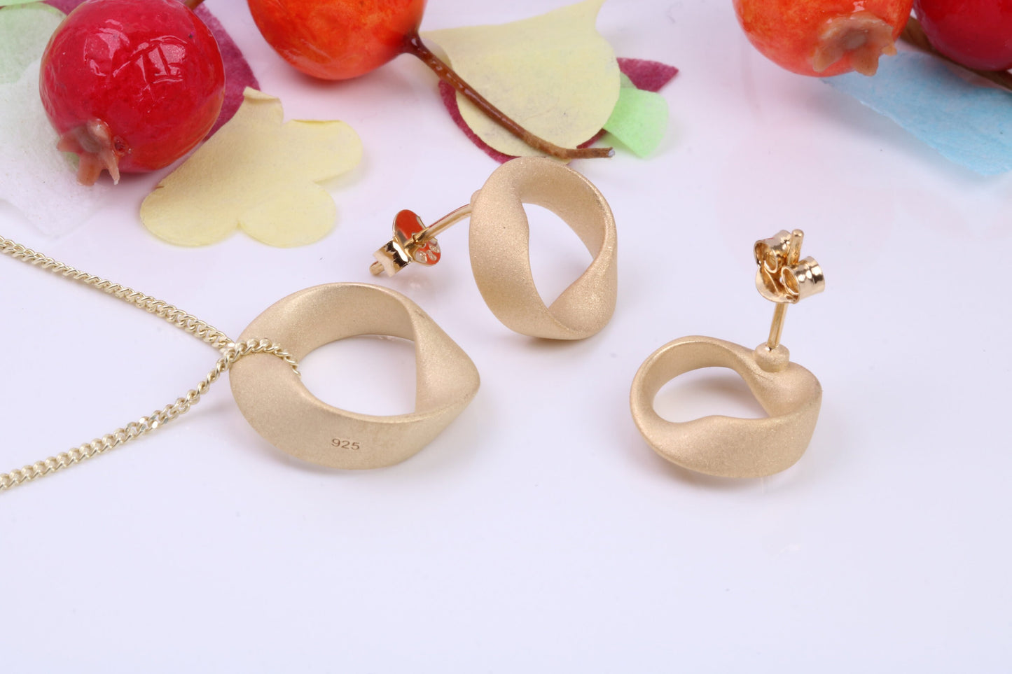 Circular Necklace and Earrings, Made from solid Sterling Silver, 18ct Yellow Gold Plated