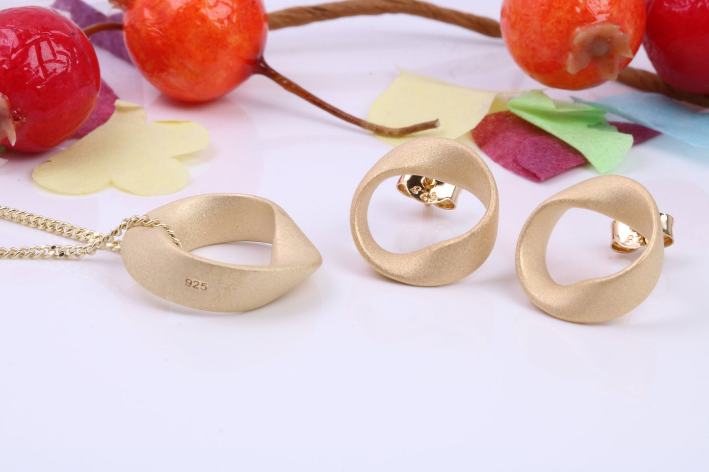 Circular Necklace and Earrings, Made from solid Sterling Silver, 18ct Yellow Gold Plated