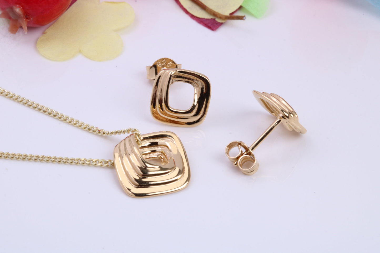 Square Face Necklace and Earrings, Made from solid Sterling Silver, 18ct Yellow Gold Plated