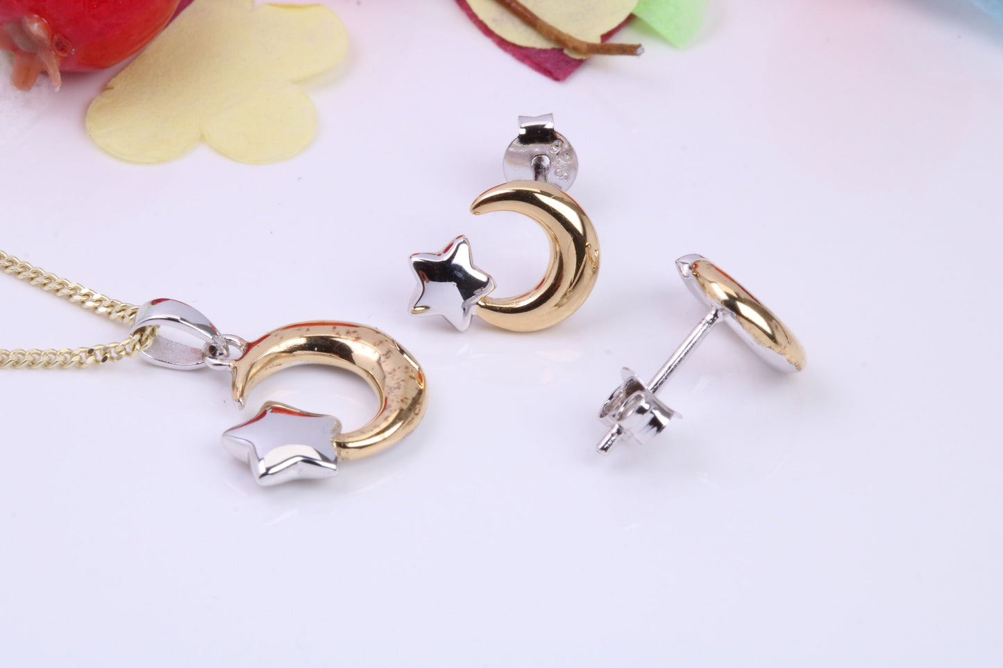 Moon and Star Necklace and Earrings, Made from solid Sterling Silver, 18ct Yellow Gold Plated