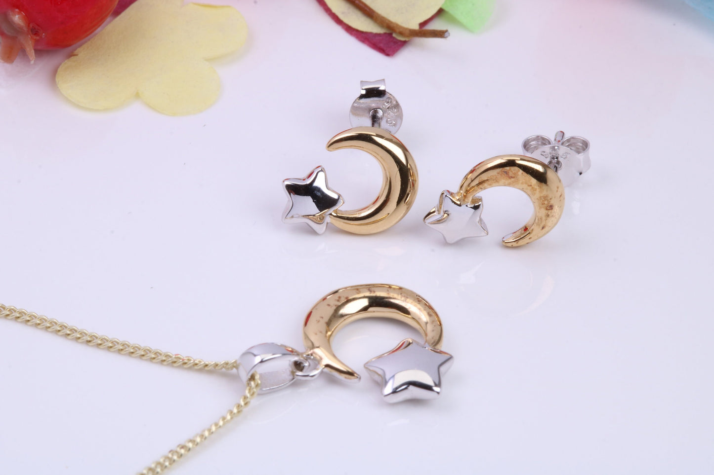Moon and Star Necklace and Earrings, Made from solid Sterling Silver, 18ct Yellow Gold Plated