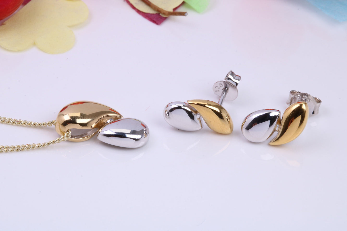Water Drop Necklace and Earrings, Made from solid Sterling Silver, 18ct Yellow Gold Plated