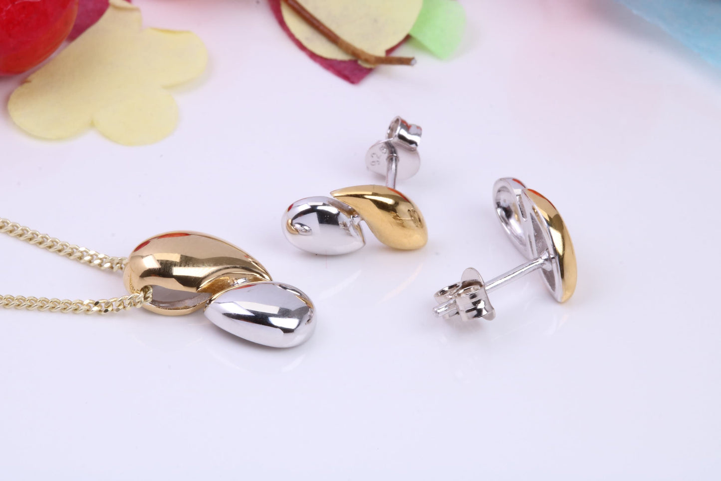 Water Drop Necklace and Earrings, Made from solid Sterling Silver, 18ct Yellow Gold Plated