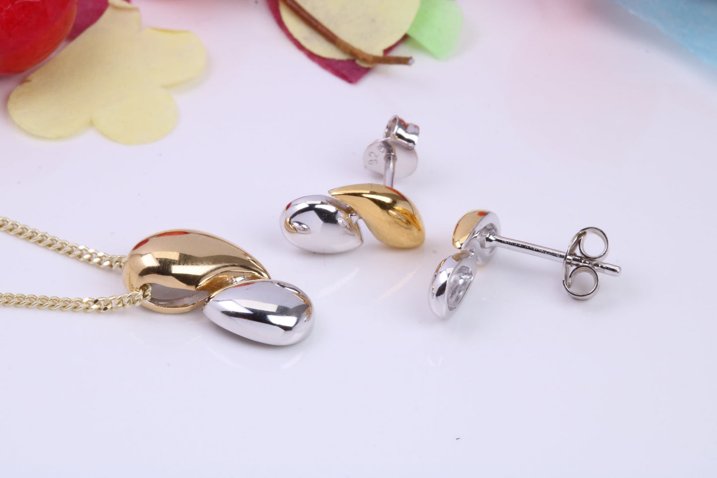 Water Drop Necklace and Earrings, Made from solid Sterling Silver, 18ct Yellow Gold Plated