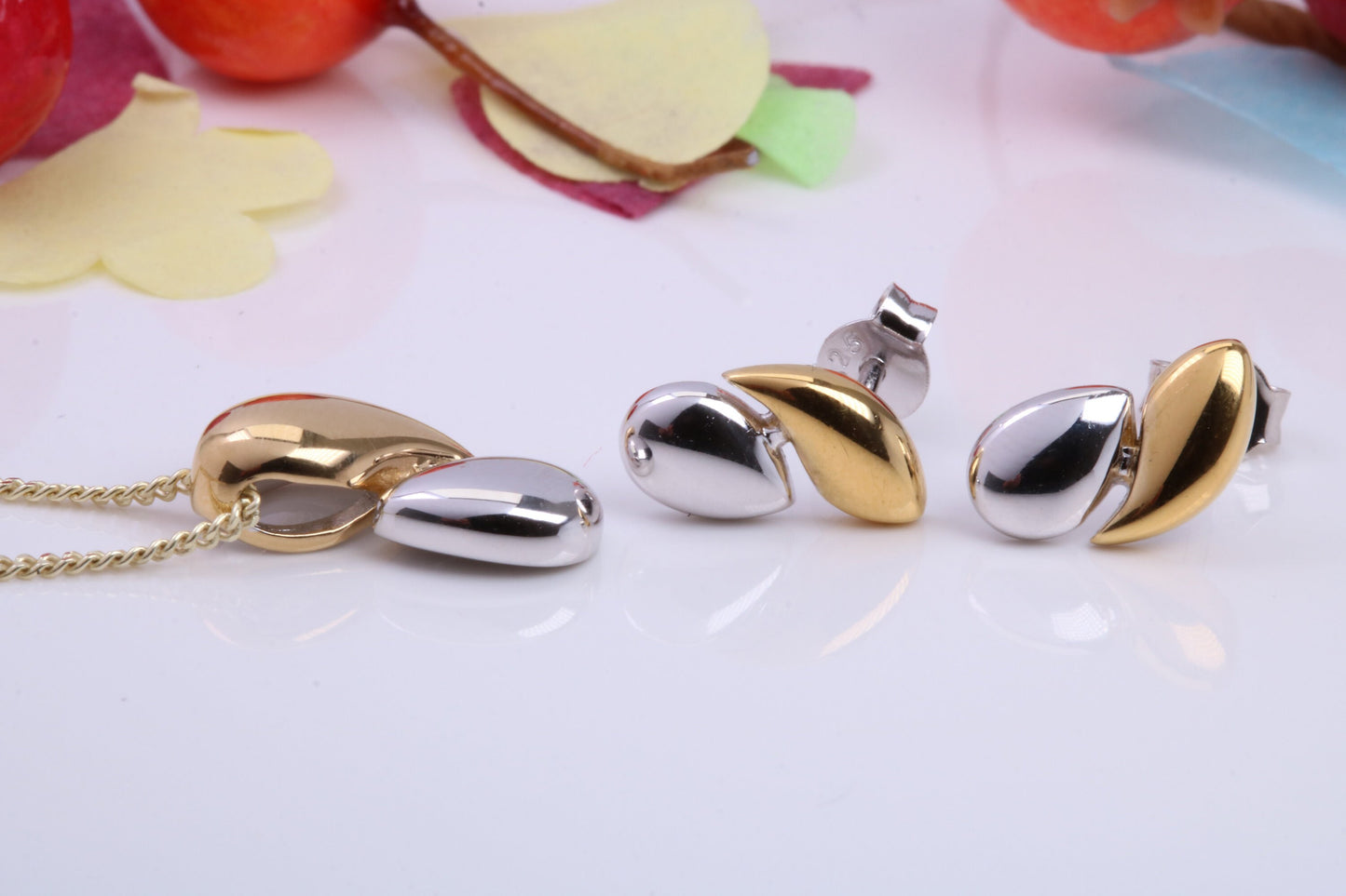 Water Drop Necklace and Earrings, Made from solid Sterling Silver, 18ct Yellow Gold Plated
