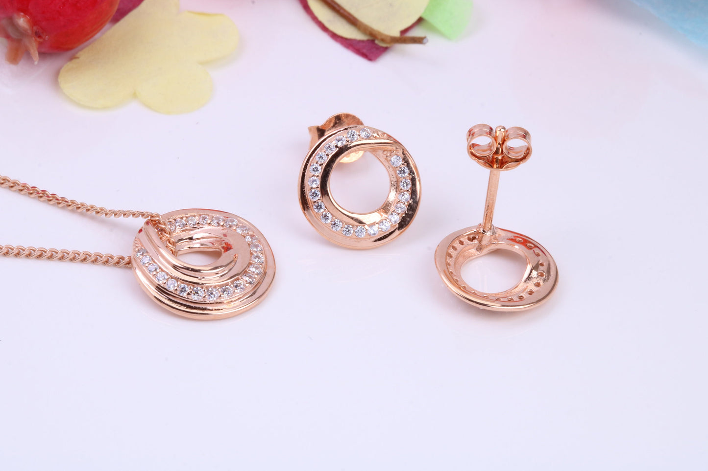 Circular Cubic Zirconia set Necklace and Earrings, Made from solid Sterling Silver, 18ct Rose Gold Plated