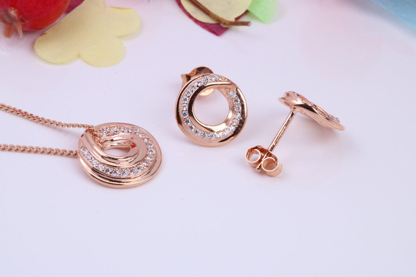 Circular Cubic Zirconia set Necklace and Earrings, Made from solid Sterling Silver, 18ct Rose Gold Plated