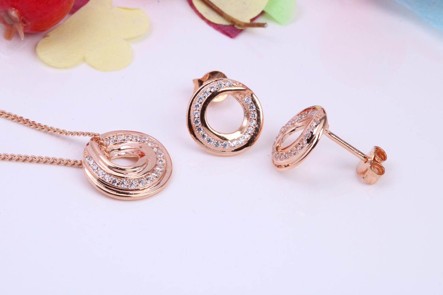 Circular Cubic Zirconia set Necklace and Earrings, Made from solid Sterling Silver, 18ct Rose Gold Plated