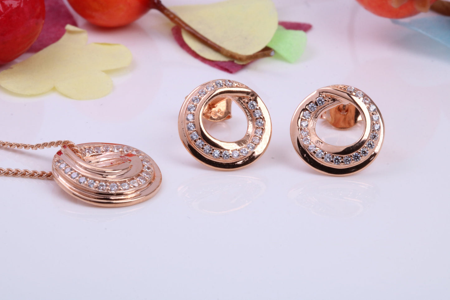 Circular Cubic Zirconia set Necklace and Earrings, Made from solid Sterling Silver, 18ct Rose Gold Plated
