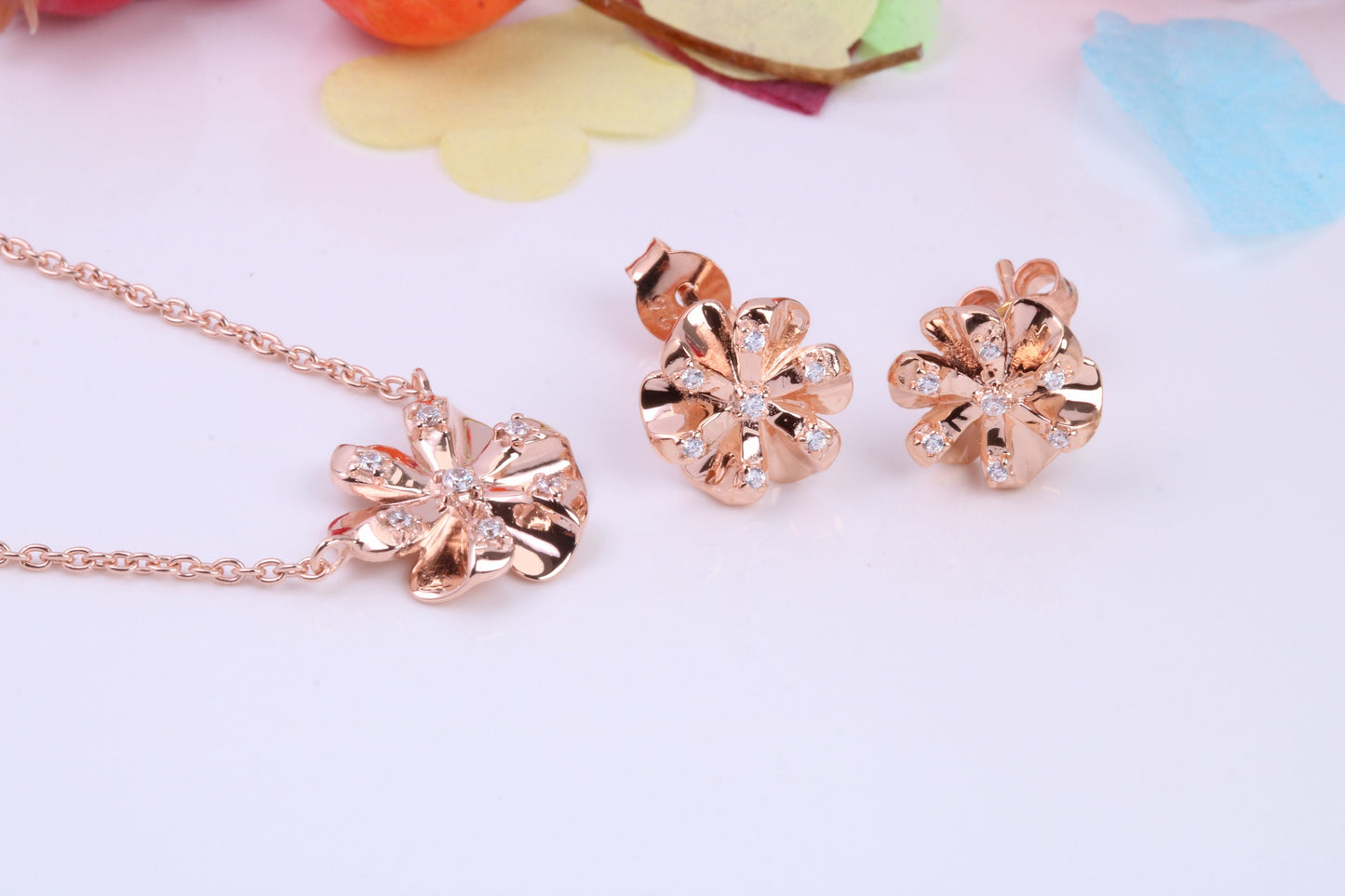 Flower Cubic Zirconia set Necklace and Earrings, Made from solid Sterling Silver, 18ct Rose Gold Plated
