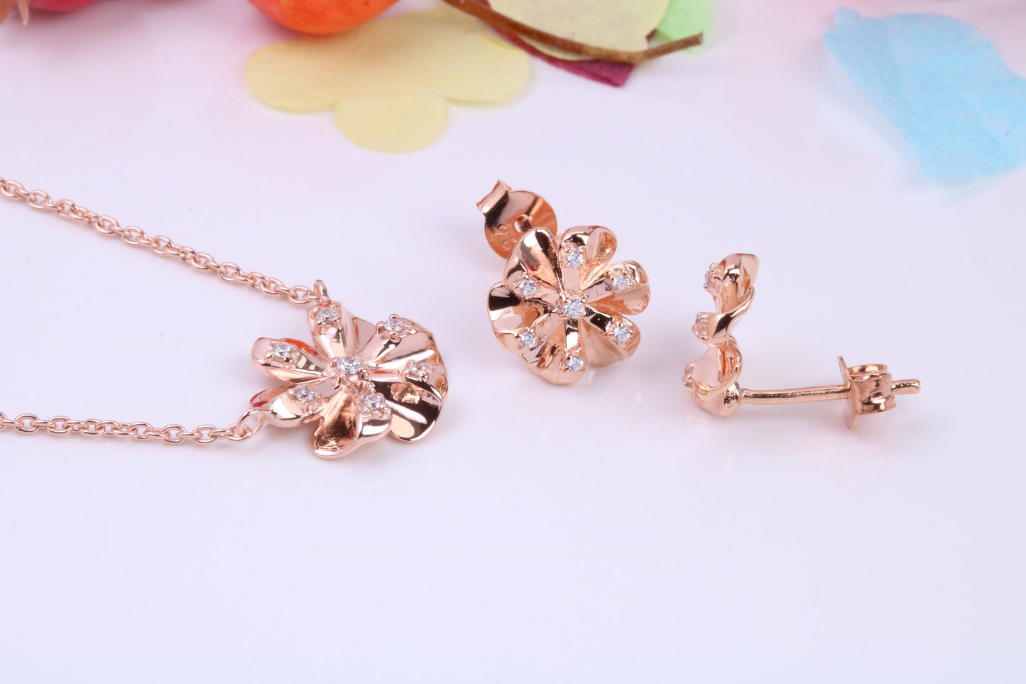 Flower Cubic Zirconia set Necklace and Earrings, Made from solid Sterling Silver, 18ct Rose Gold Plated