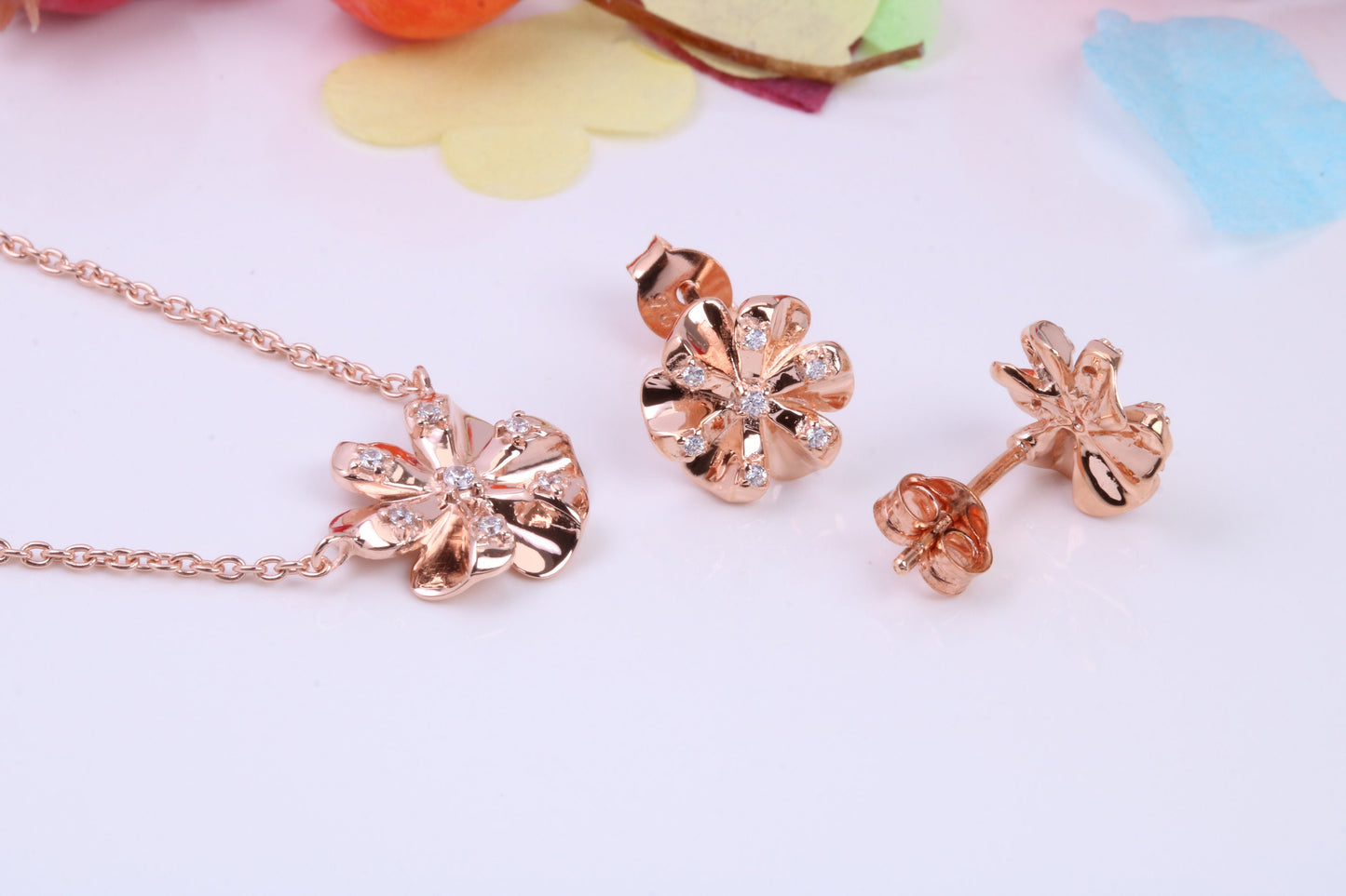 Flower Cubic Zirconia set Necklace and Earrings, Made from solid Sterling Silver, 18ct Rose Gold Plated