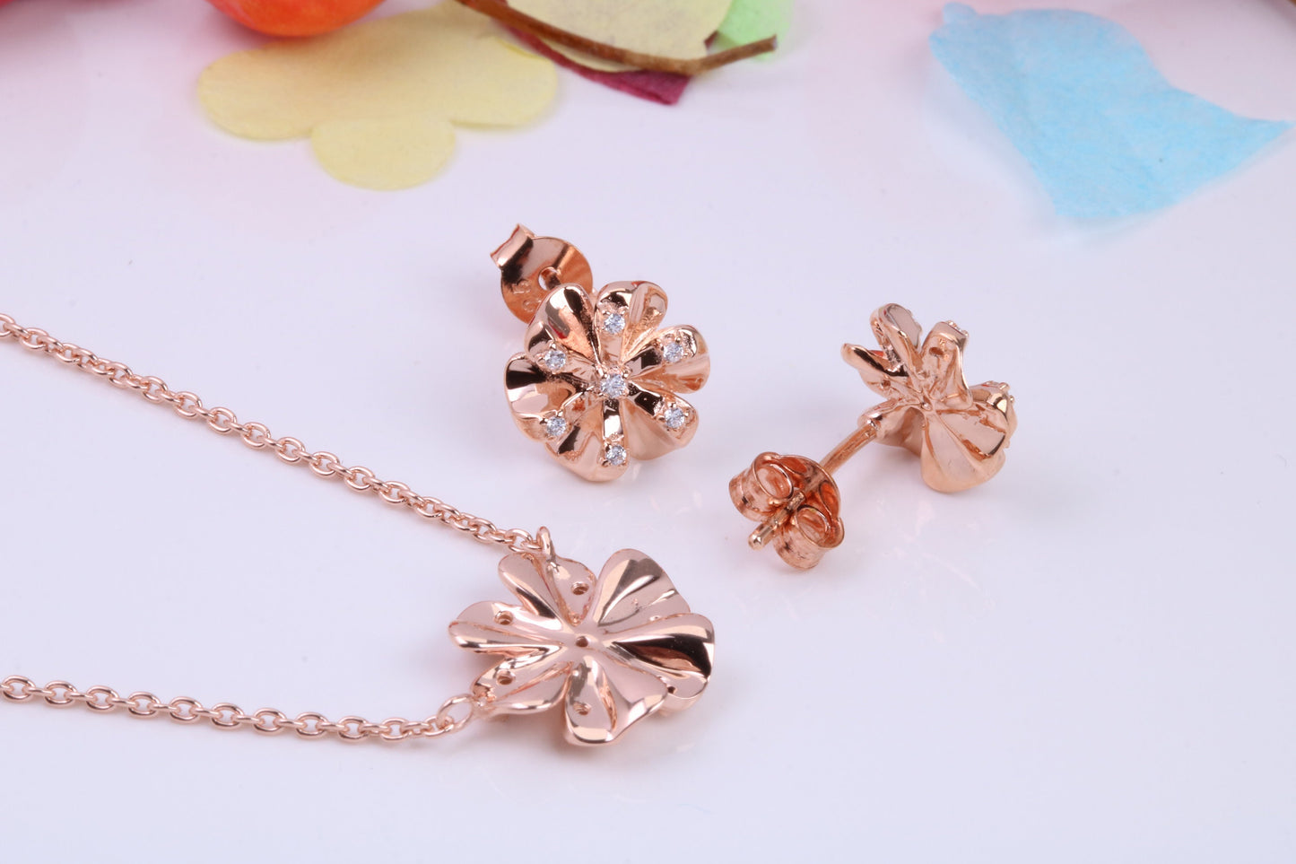 Flower Cubic Zirconia set Necklace and Earrings, Made from solid Sterling Silver, 18ct Rose Gold Plated