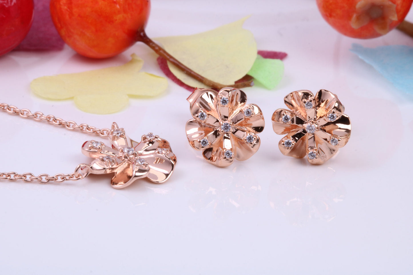 Flower Cubic Zirconia set Necklace and Earrings, Made from solid Sterling Silver, 18ct Rose Gold Plated