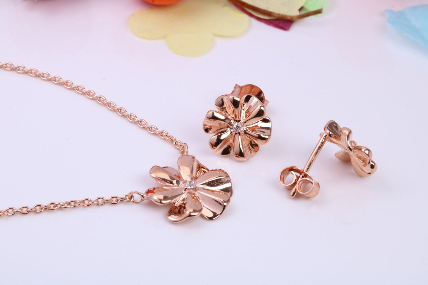 Flower Cubic Zirconia set Necklace and Earrings, Made from solid Sterling Silver, 18ct Rose Gold Plated