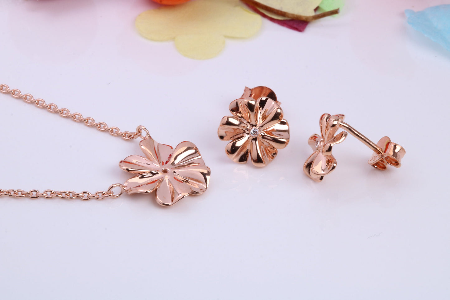 Flower Cubic Zirconia set Necklace and Earrings, Made from solid Sterling Silver, 18ct Rose Gold Plated