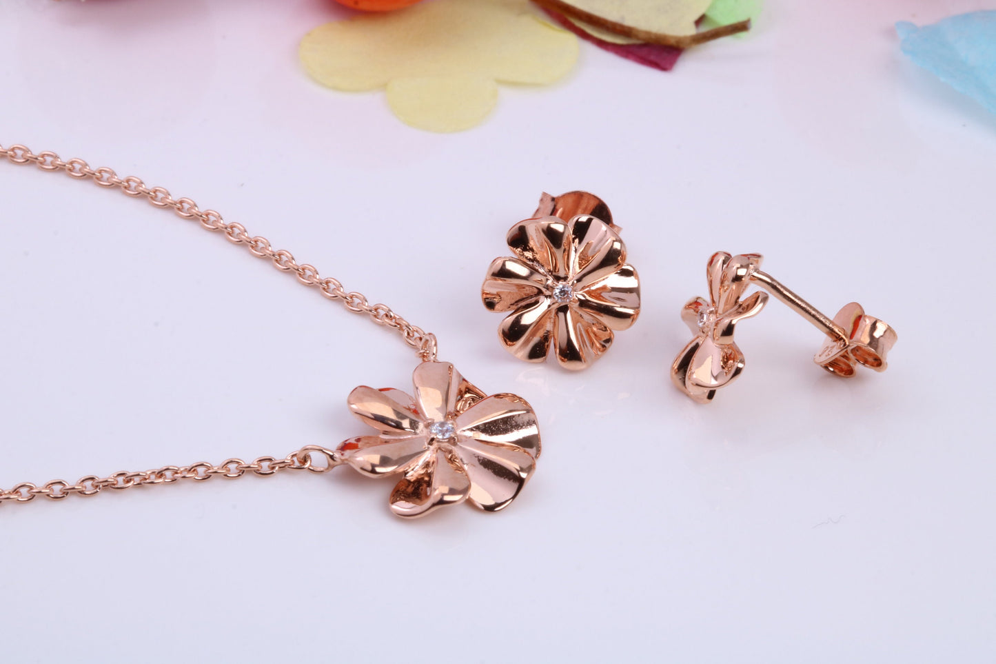 Flower Cubic Zirconia set Necklace and Earrings, Made from solid Sterling Silver, 18ct Rose Gold Plated