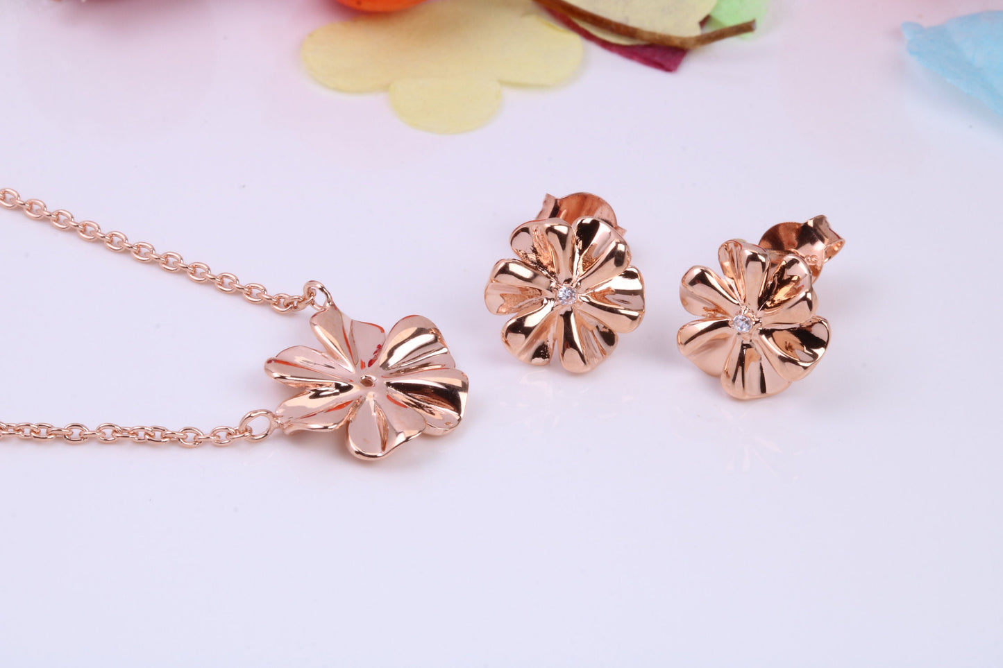 Flower Cubic Zirconia set Necklace and Earrings, Made from solid Sterling Silver, 18ct Rose Gold Plated