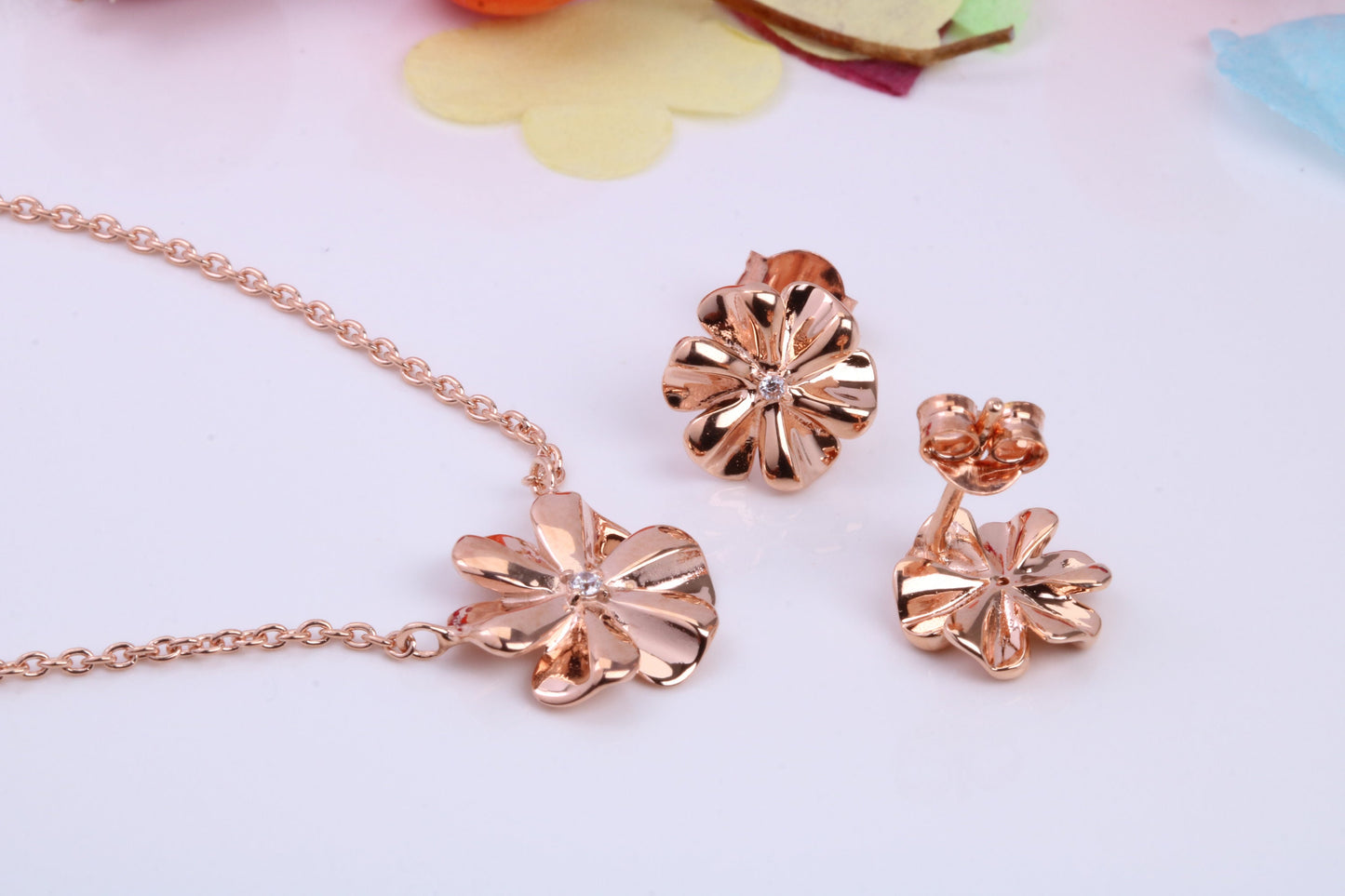 Flower Cubic Zirconia set Necklace and Earrings, Made from solid Sterling Silver, 18ct Rose Gold Plated